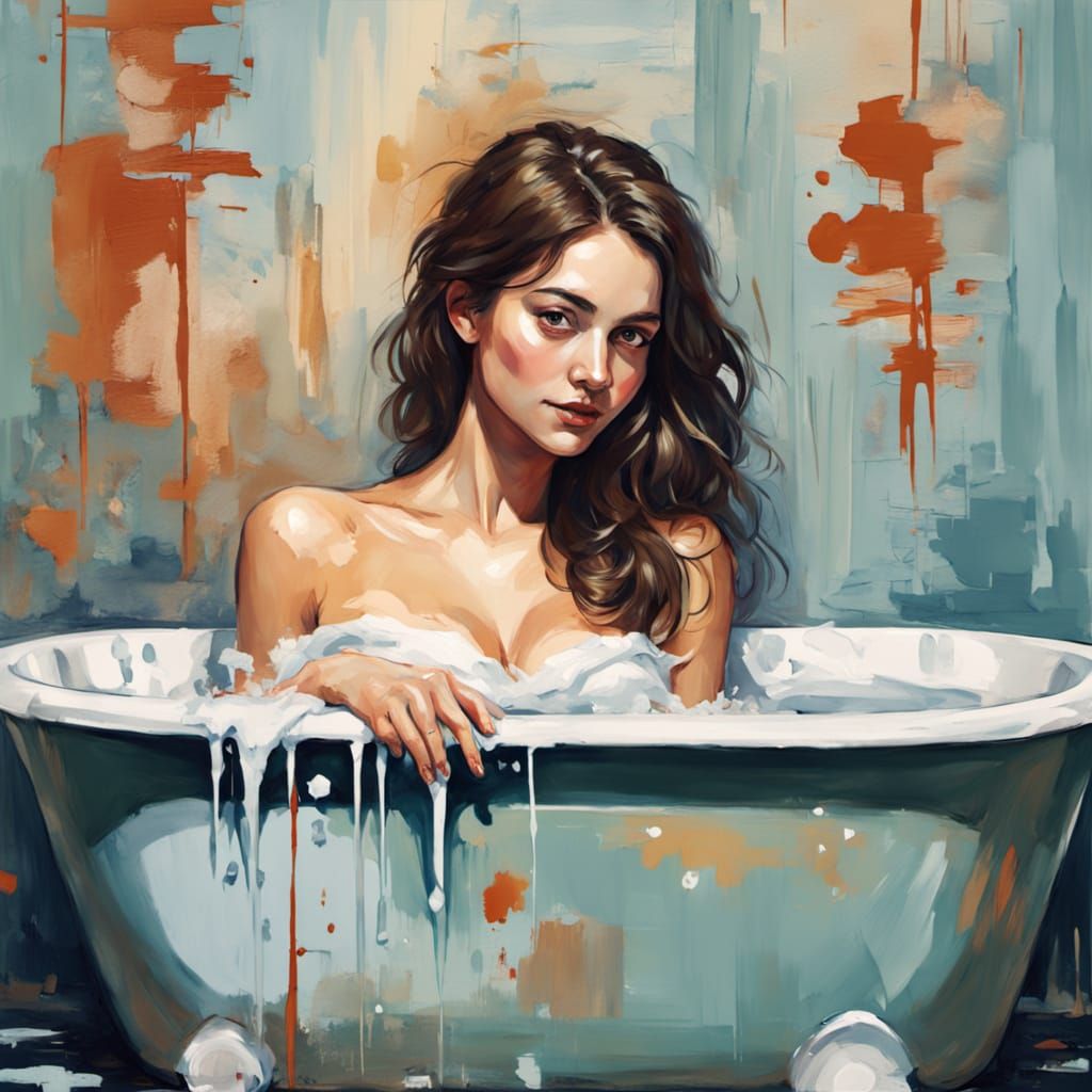 Brunette in Bath: Gouache Impressionist Painting