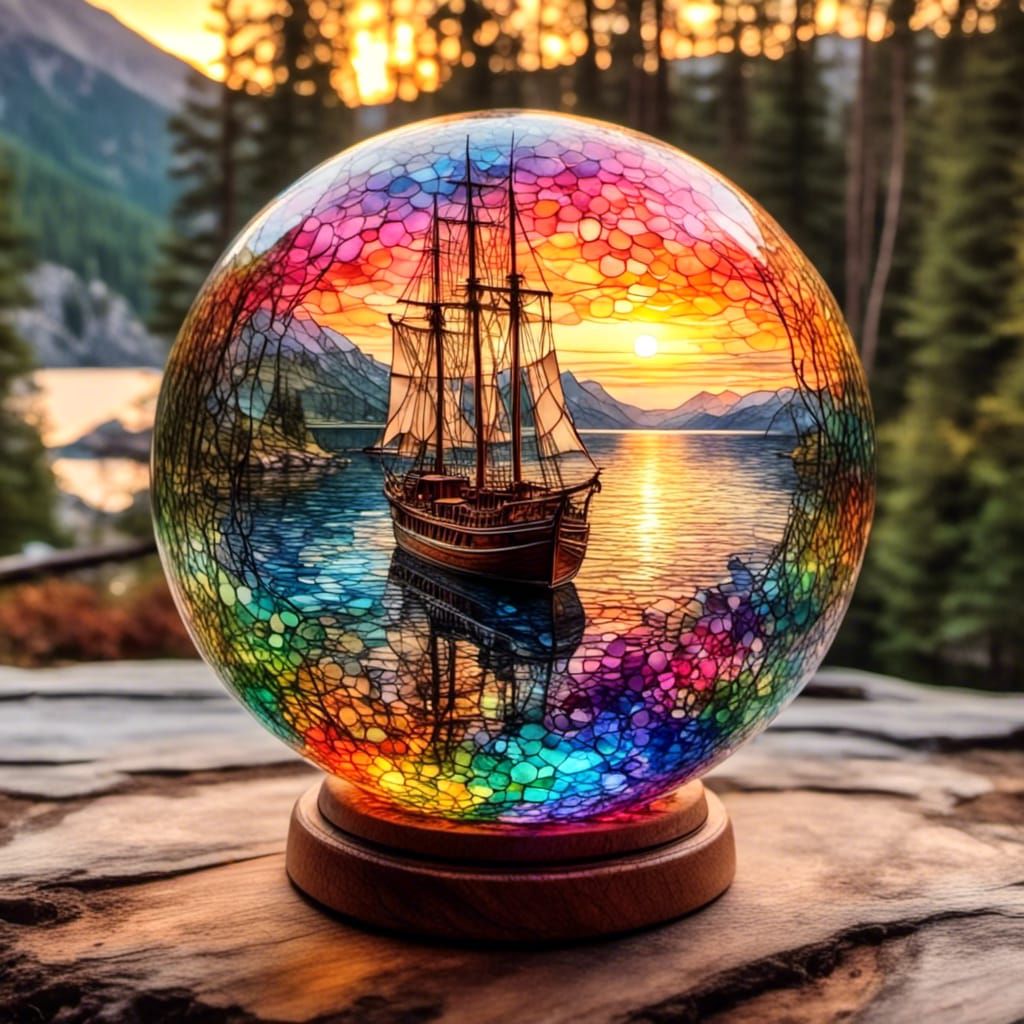 Glass Sphere Reveals Sunset Fjord, Hyperrealistic Splash Art