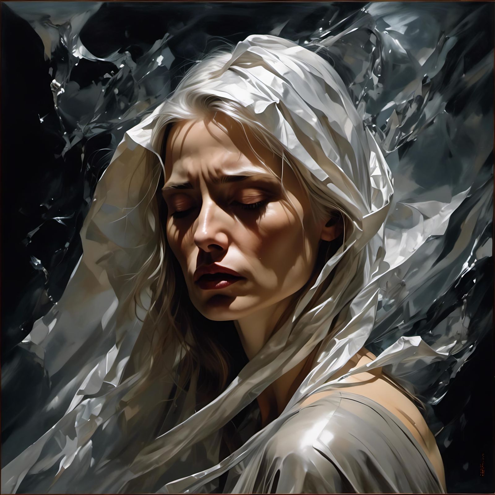 Veiled Woman Shedding Tears in Photorealism