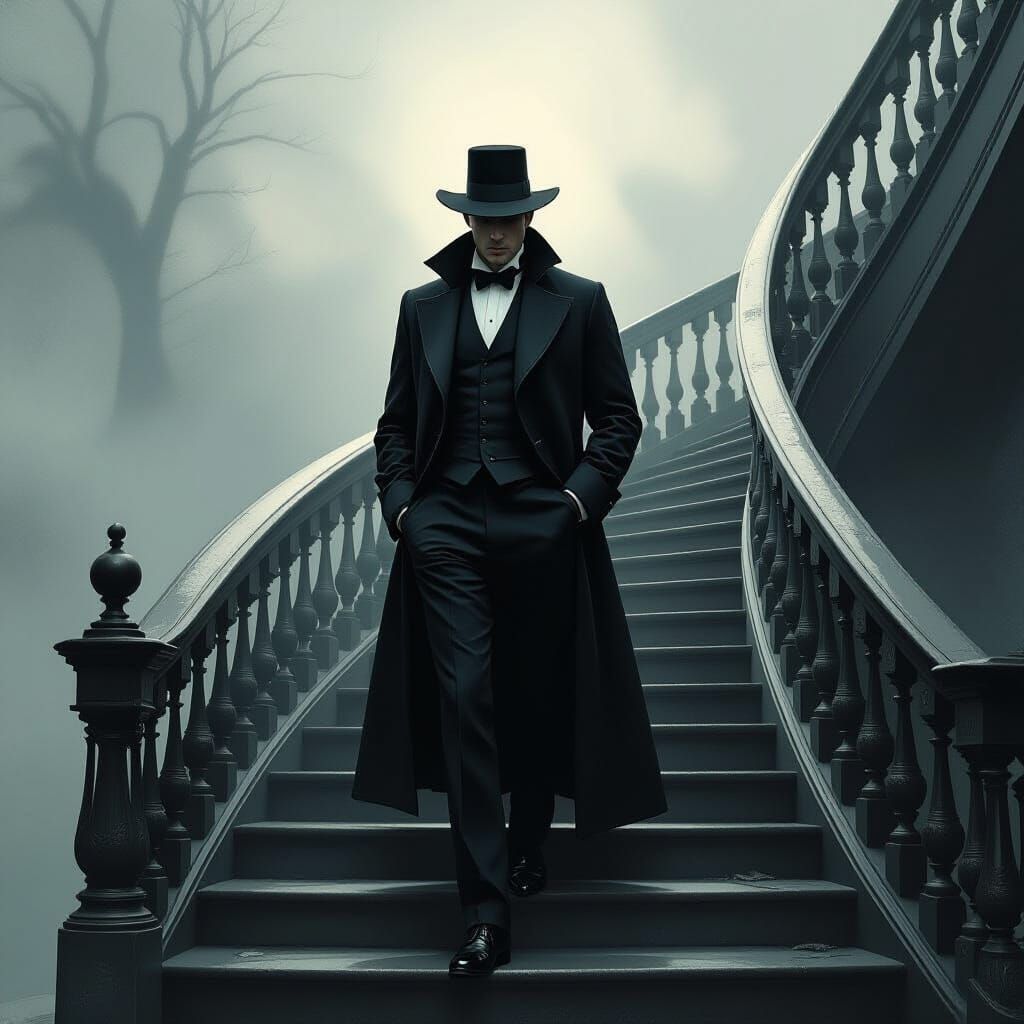 Eerie Gentleman on Ornate Staircase in Mystical Style