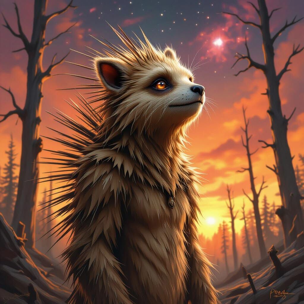 Gentle Furry Creature in Dead Forest Under Cosmic Sky