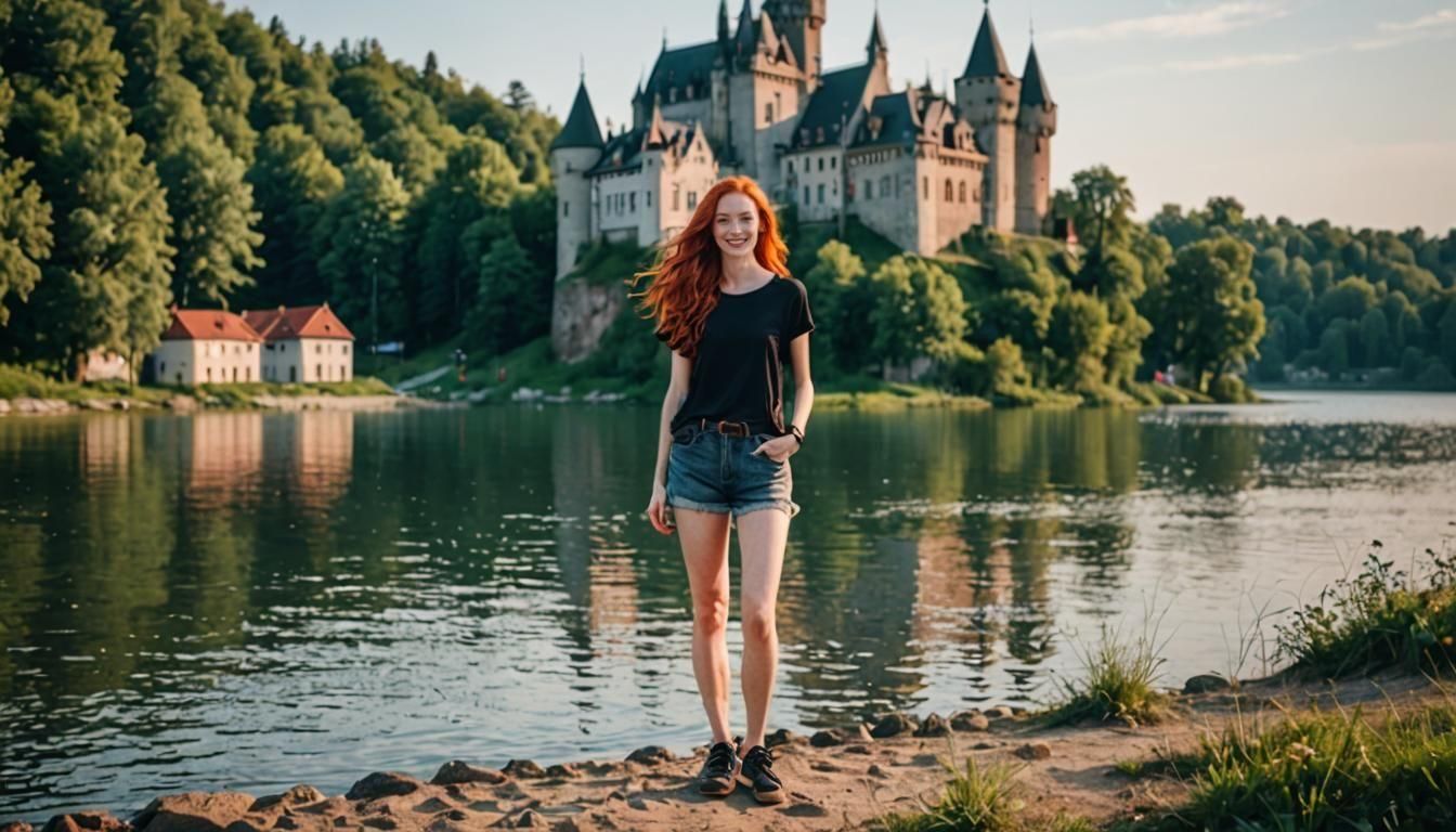 Smiling Woman on Lake Shore with Gothic Castle