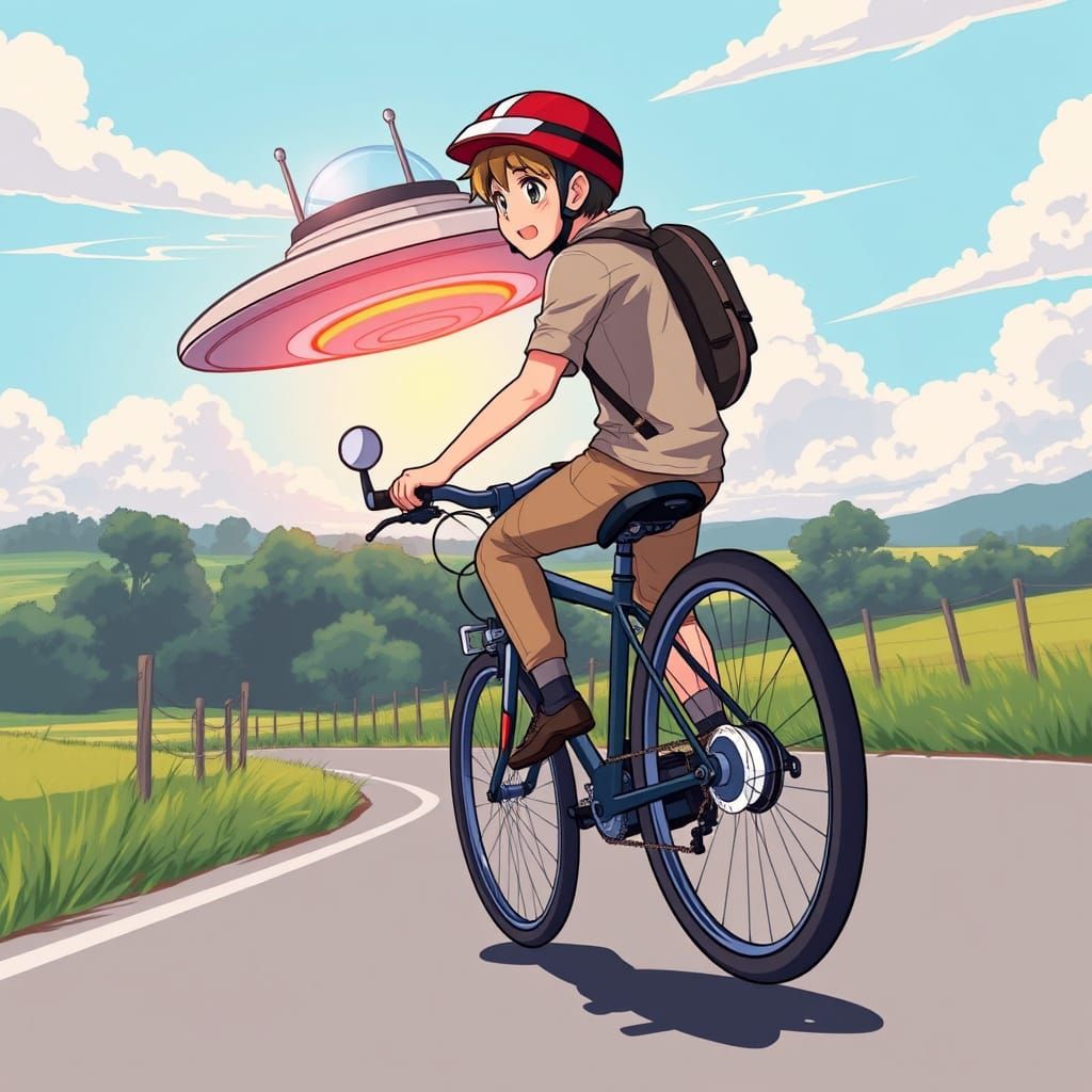 Anime-Style Cyclist's Close Encounter with a UFO