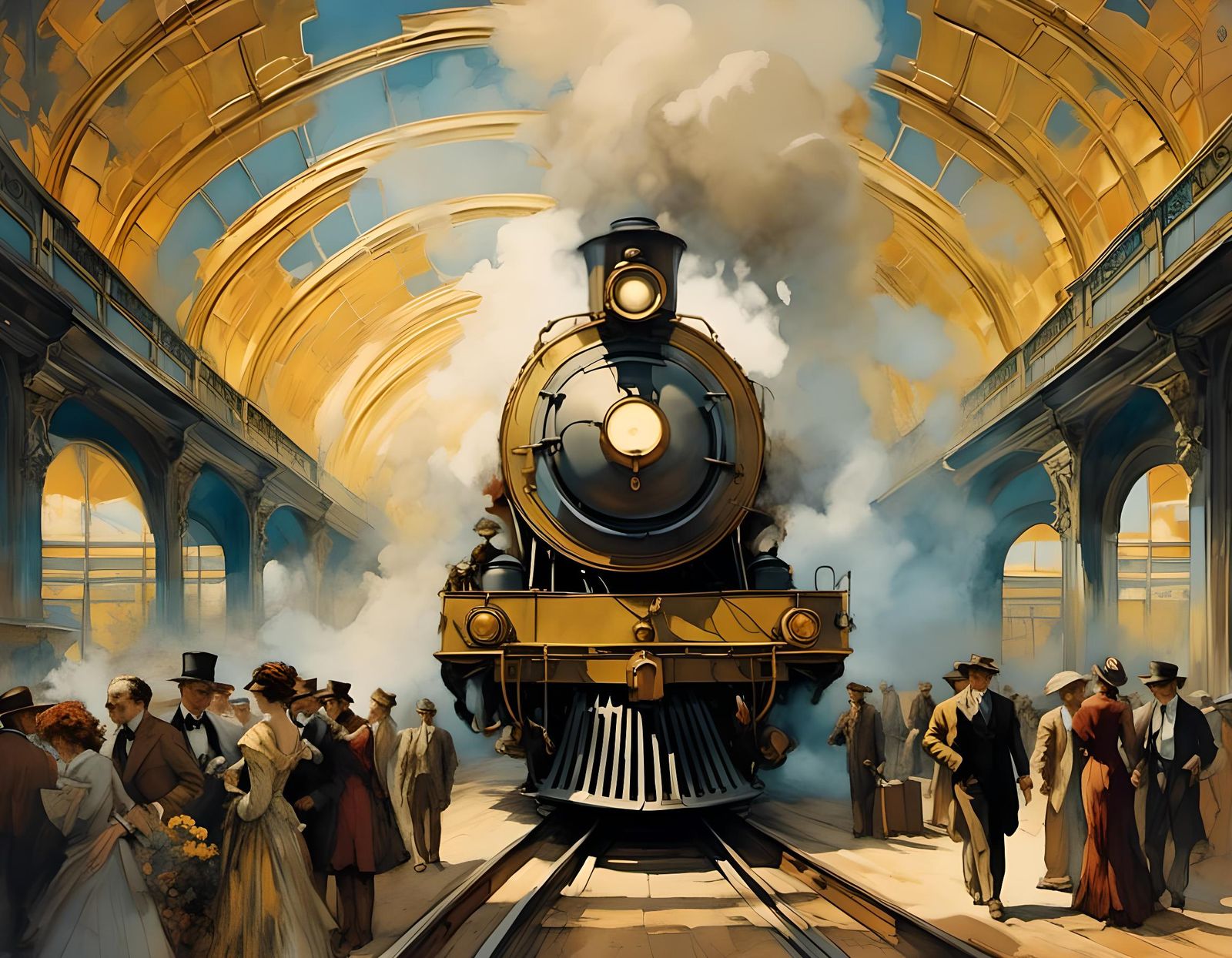 Vintage Train Station Movie Poster in Art Nouveau Style