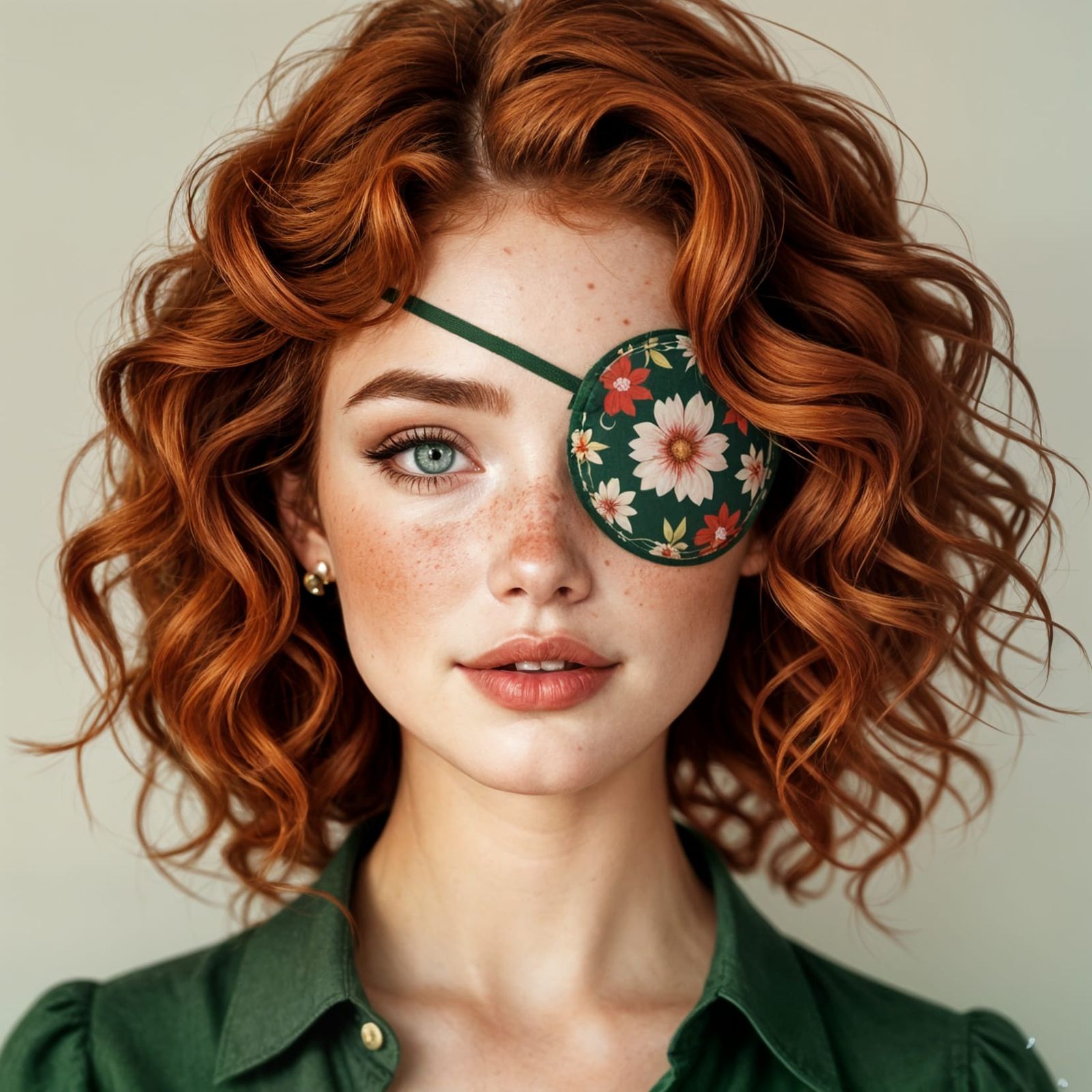 Portrait of a Woman with Auburn Hair and Flower Eyepatch