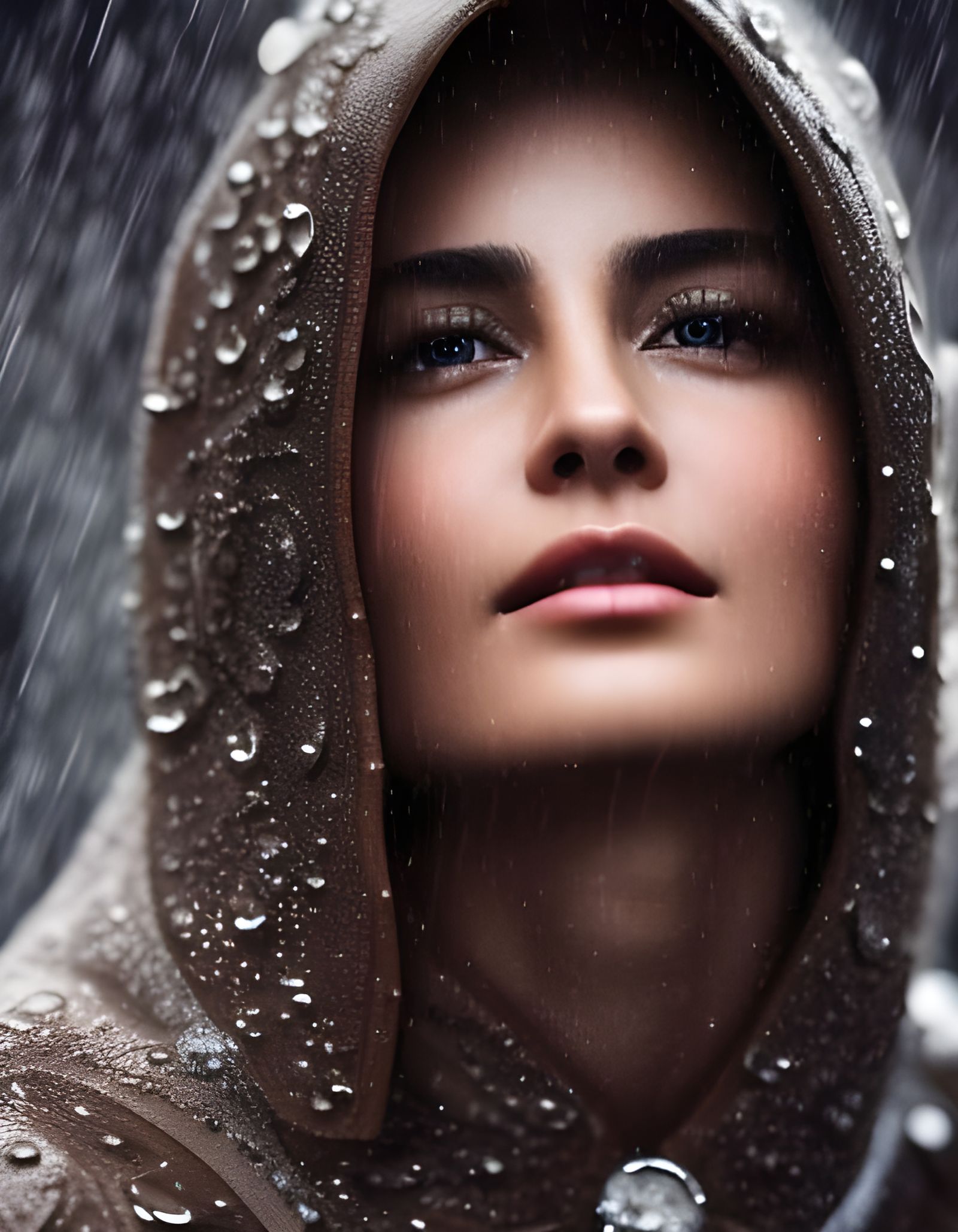 Elegant Woman in Heavy Rain: Ultrarealistic Portrait