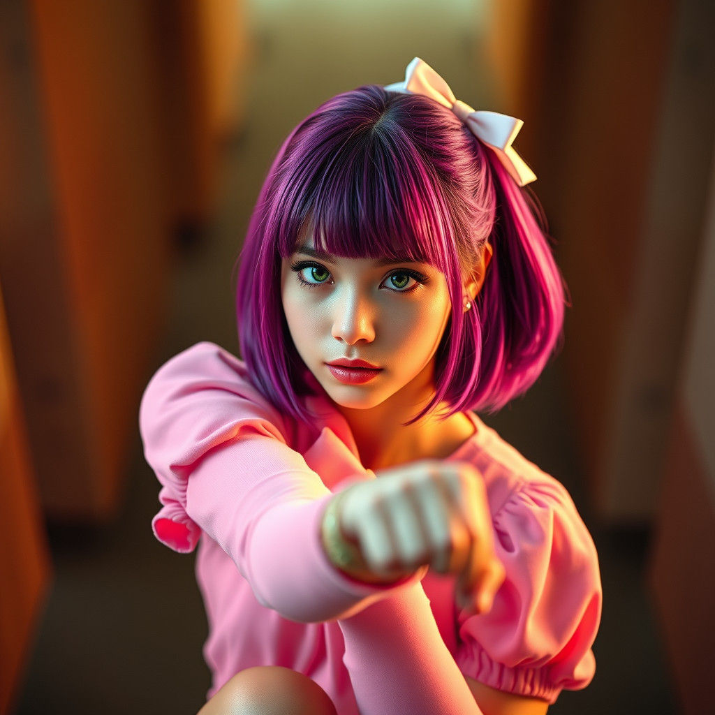 Purple-Haired Woman in Kawaii Outfit, Cinematic Portrait