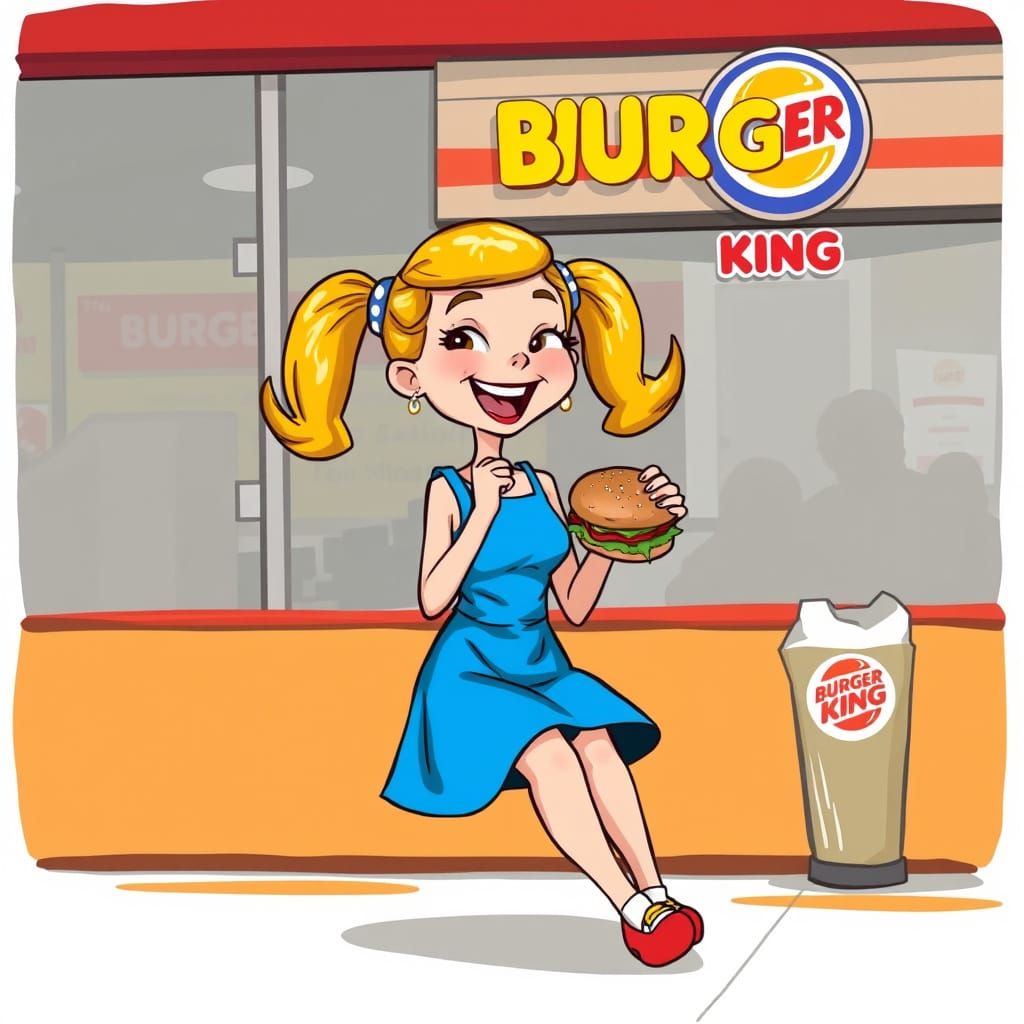 Wendy Enjoys a Burger at Burger King in Stylized Illustratio...