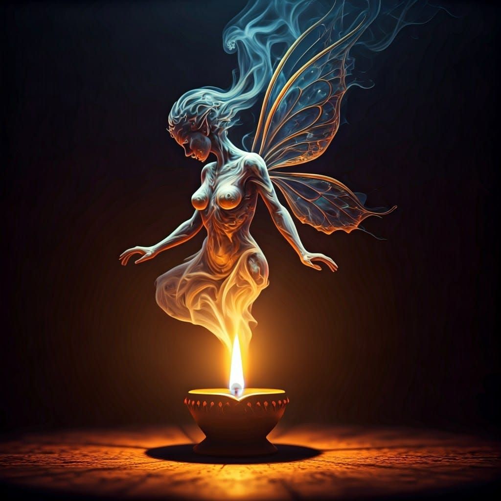Fairy Emerges from Lamp Smoke: Digital Art