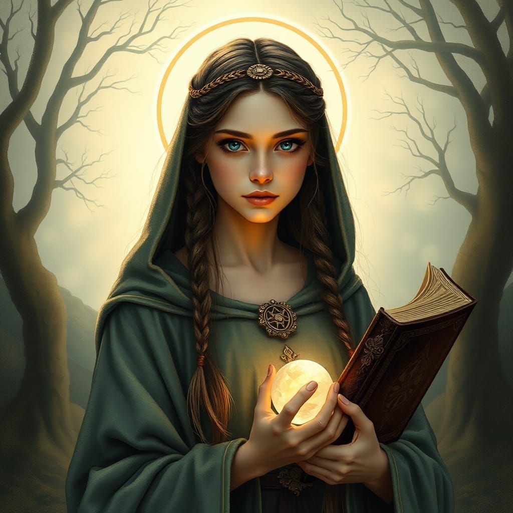 Young woman with brown hair and blue eyes as a medieval siby...
