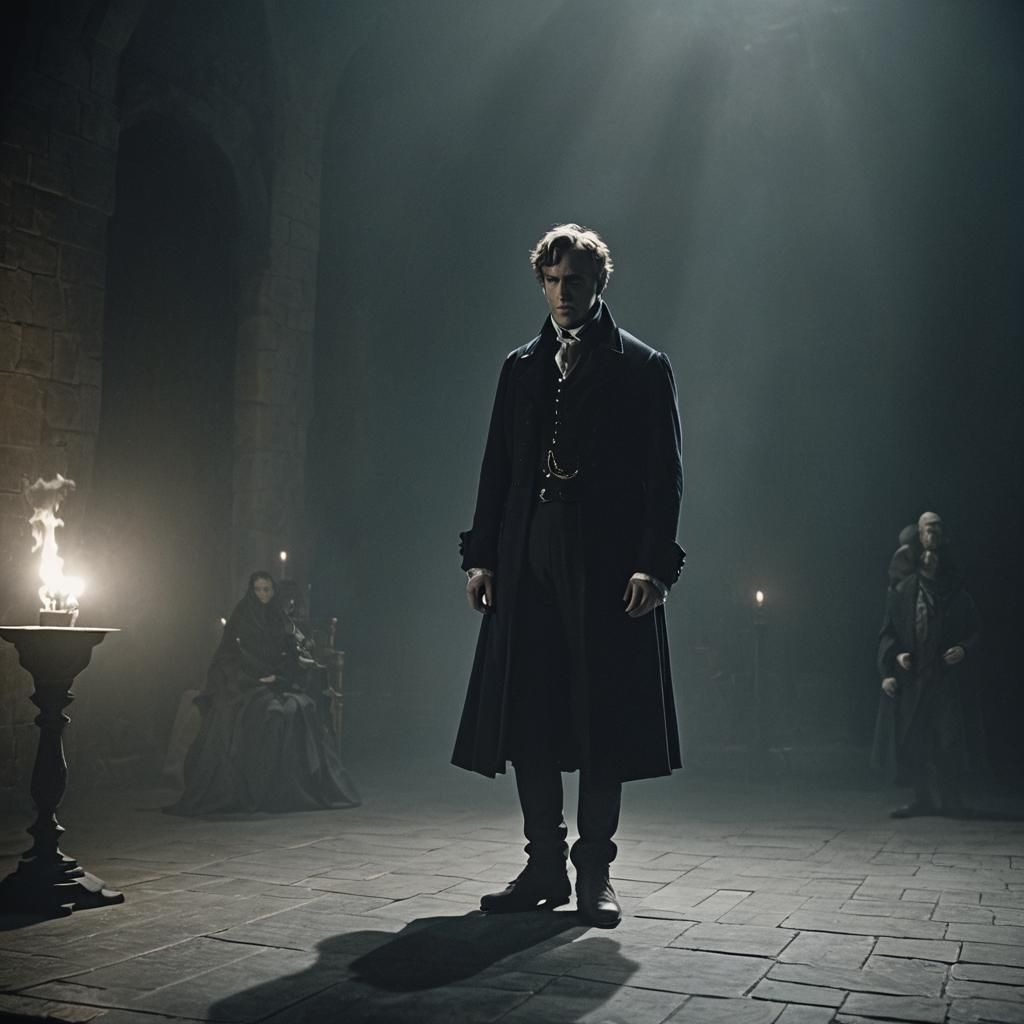 Dramatic Hamlet Film Still on Dark Stage