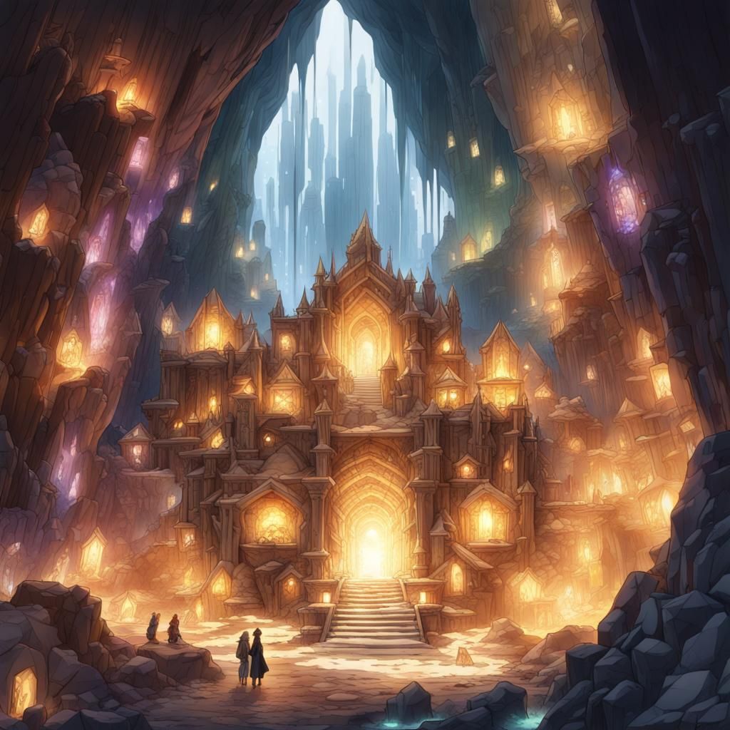 Wondrous Dwarven City in Crystalline Cave, Anime Style