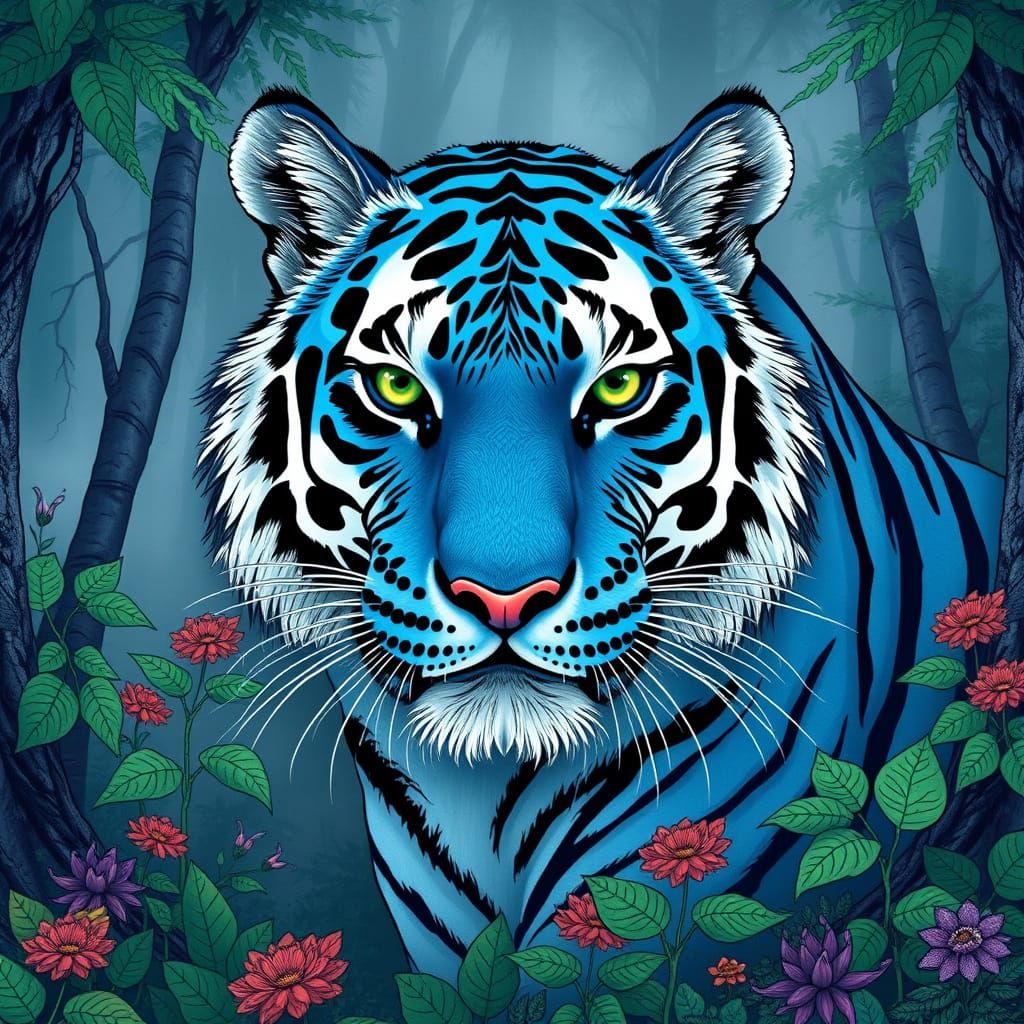 Majestic Blue Tiger in Misty Forest