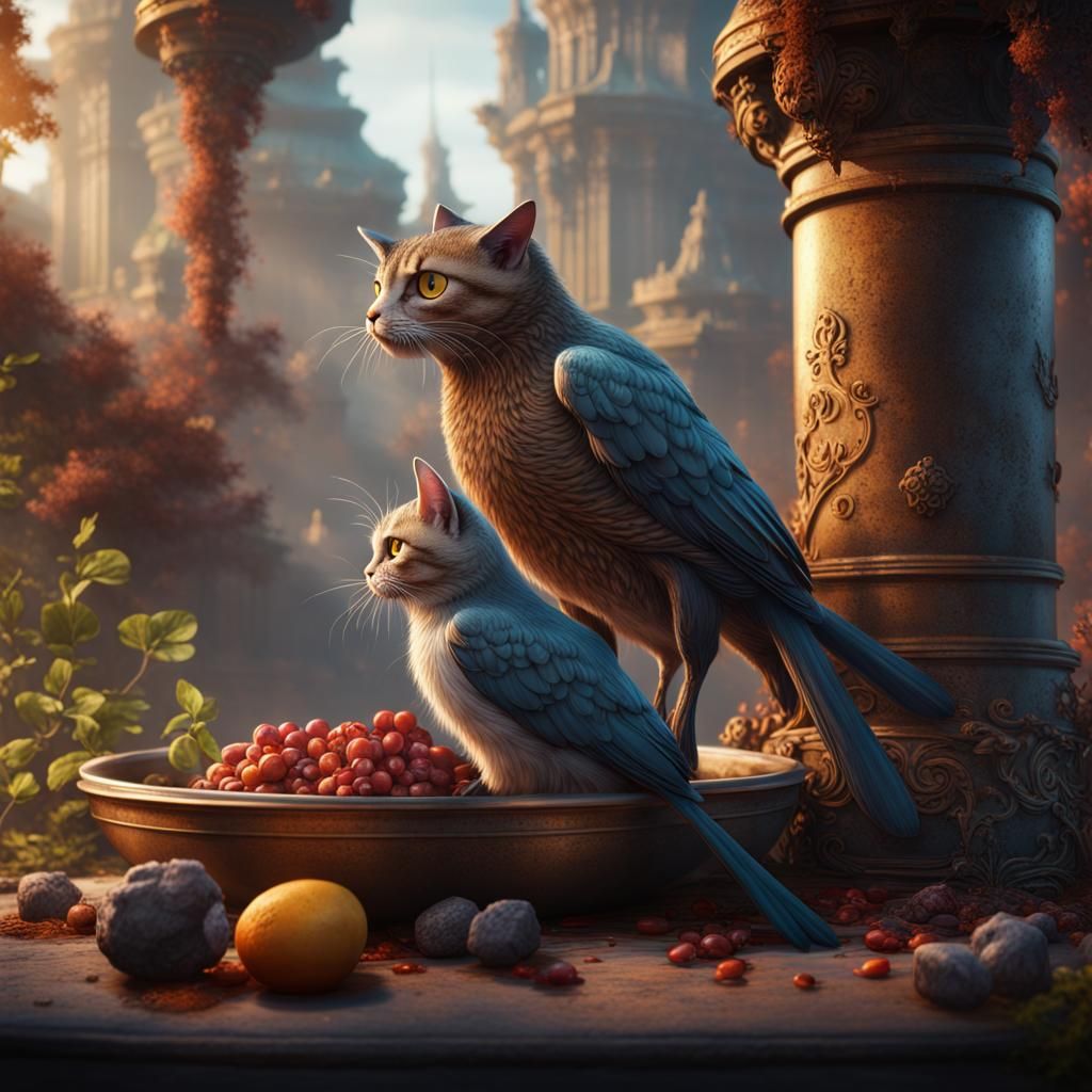 Birds Eat Cat: Detailed Matte Painting in 8k