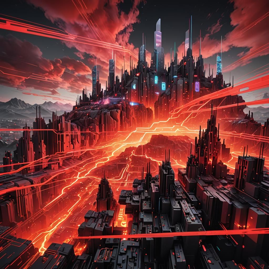 Surreal Glitched Circuitry Landscape in Art Deco Style