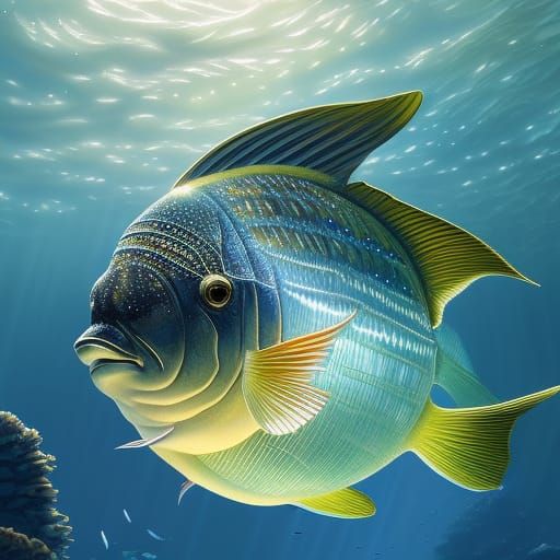 Ocean Sunfish in Sparkling Sea: Hyperdetailed Digital Art