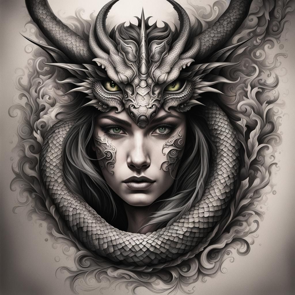 Dragon Tattoo Art: Mystical Woman with Piercing Eyes