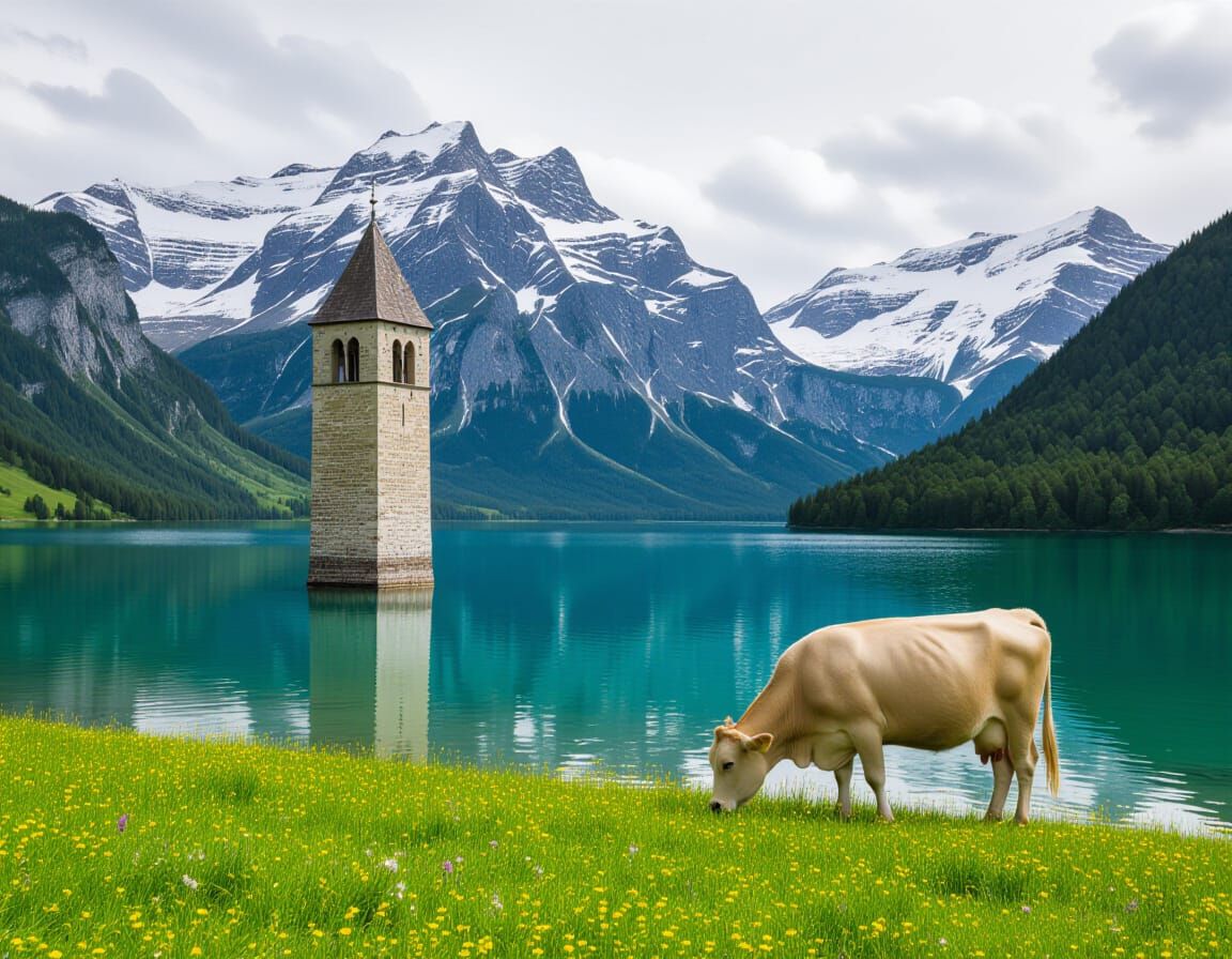 View of Lake Resia and submerged bell tower of Curon Venosta...