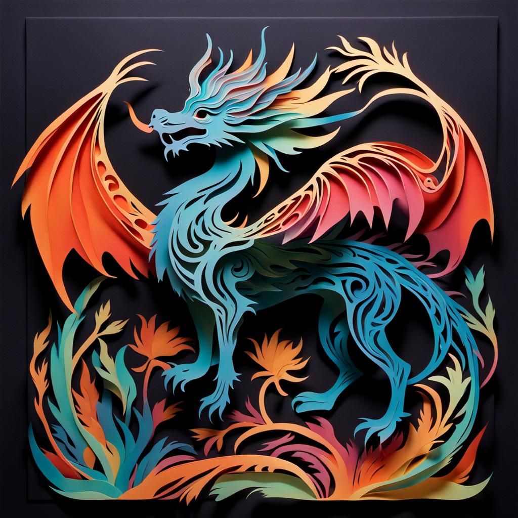 Intricate Kirigami Silhouette Painting of Mythical Creature