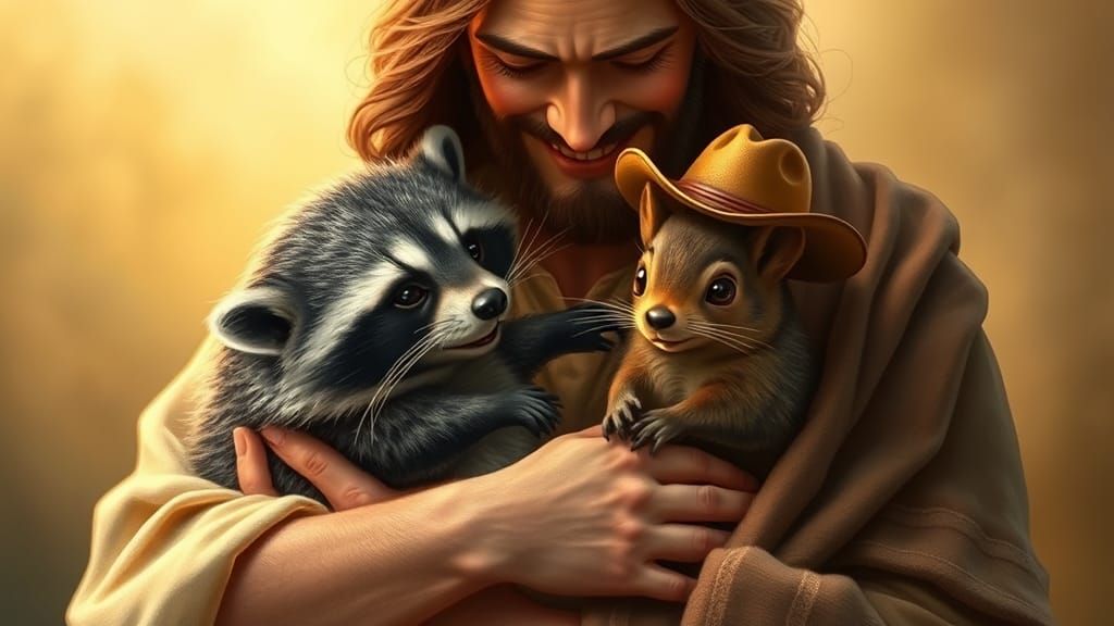 Jesus Christ Cradling Raccoon and Squirrel