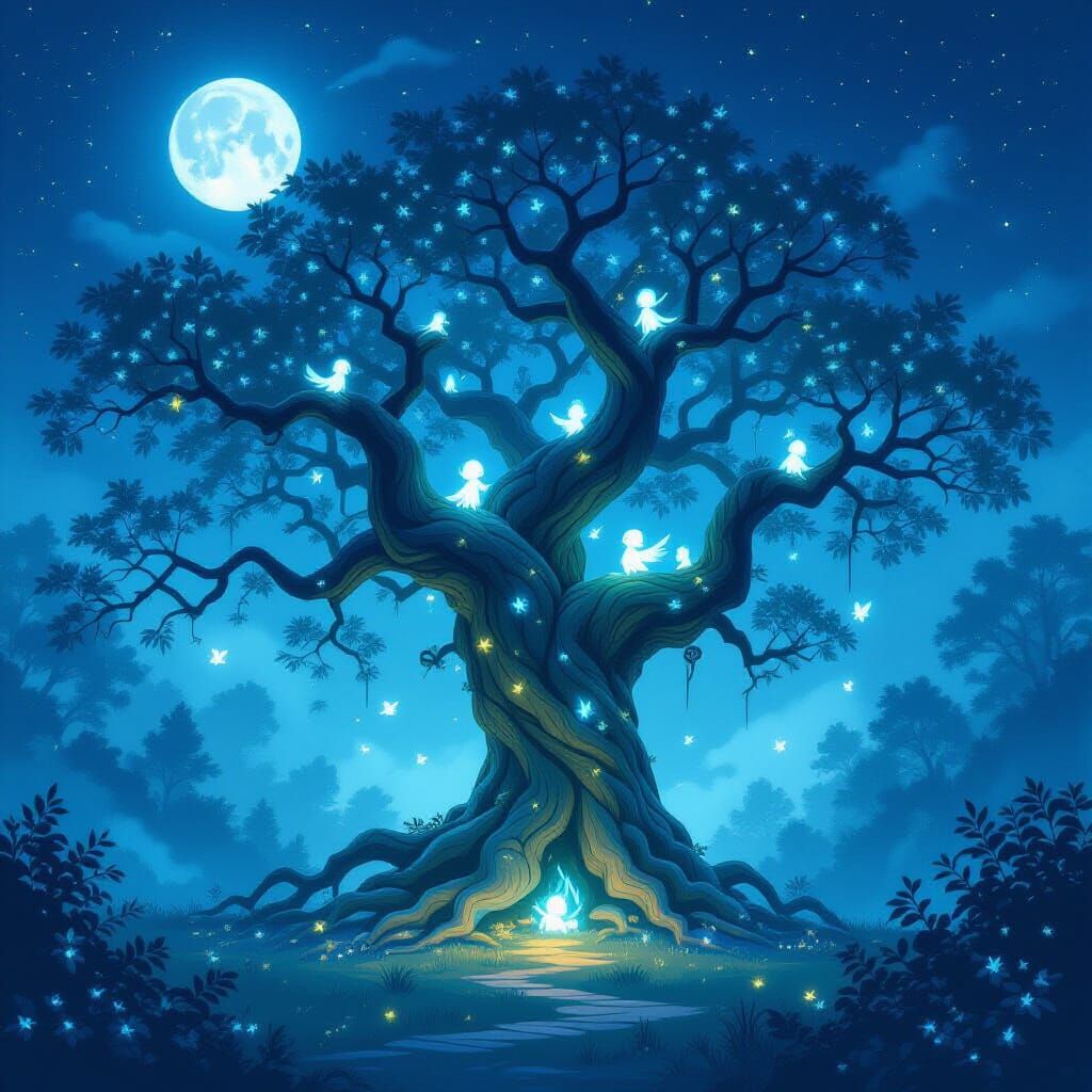 Enchanted Tree in Moonlit Forest, Ukiyo-e Style