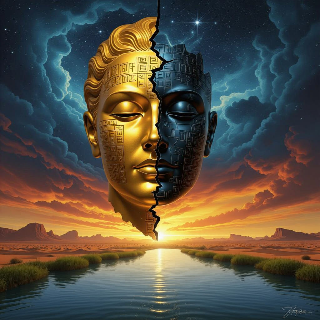 Cosmic Split-Face Sculpture in Baroque Style