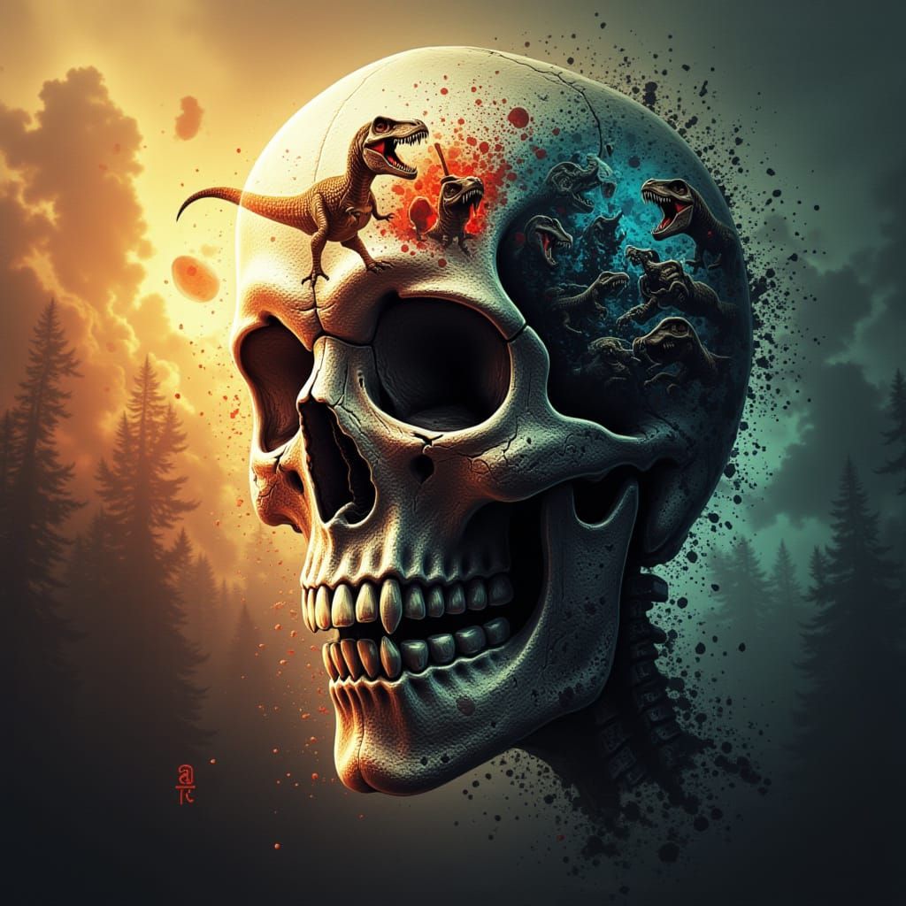 Irradiated Skull with Dinosaur Battle in X-Ray Style