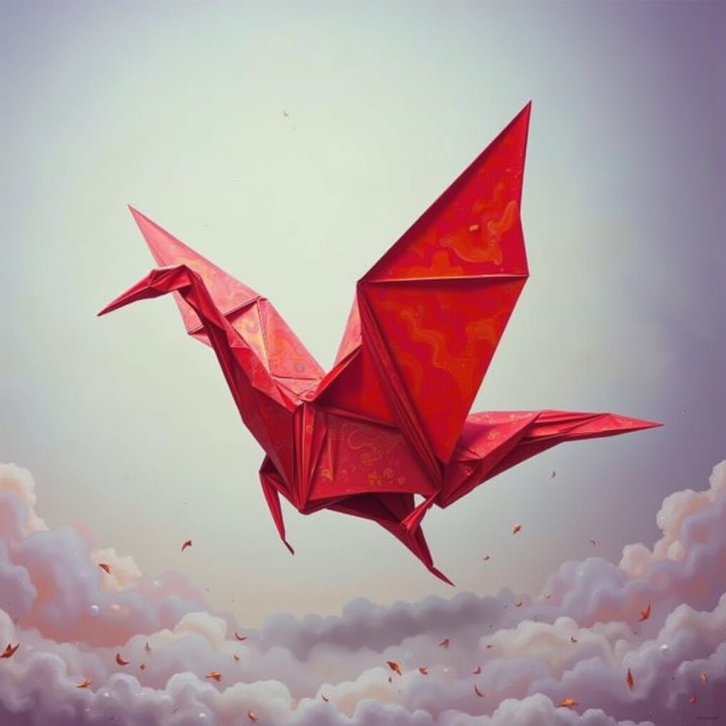 Origami Crane in Flight, Minimalist Digital Art