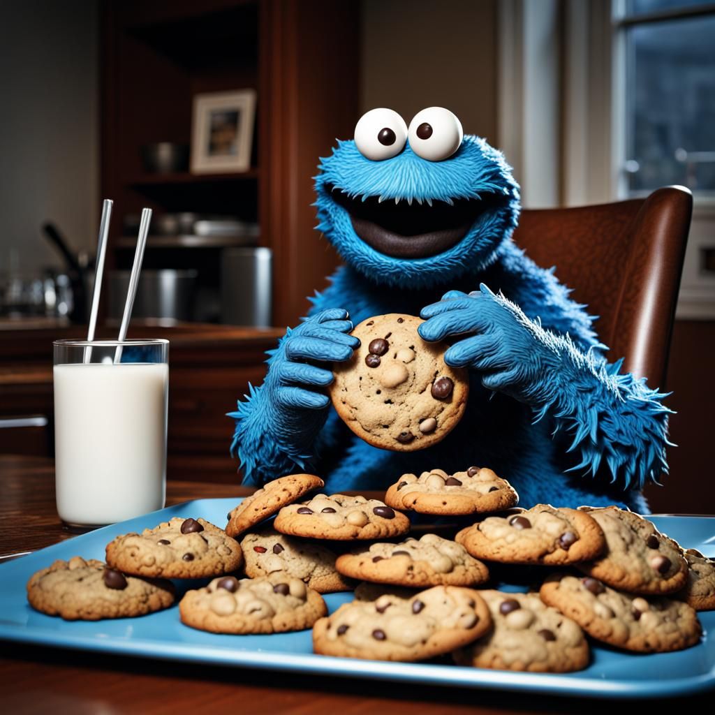 Cookie Monster's Cookie Feast: Hyperrealistic Image