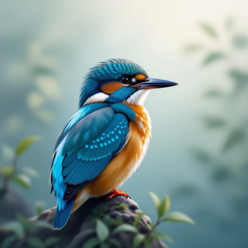 A dreamy airbrushed illustration of a king fisher. The color...