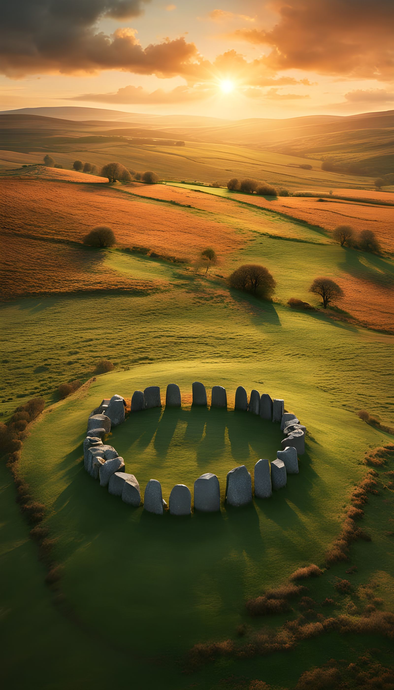 Sunset Over Ancient Stone Circle, Dramatic Digital Painting