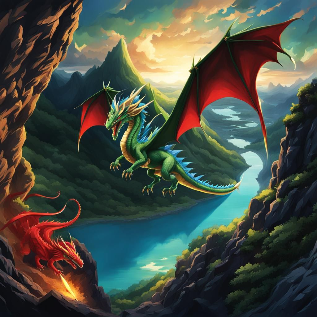 Anime Dragons in Cave with Mountain Lake