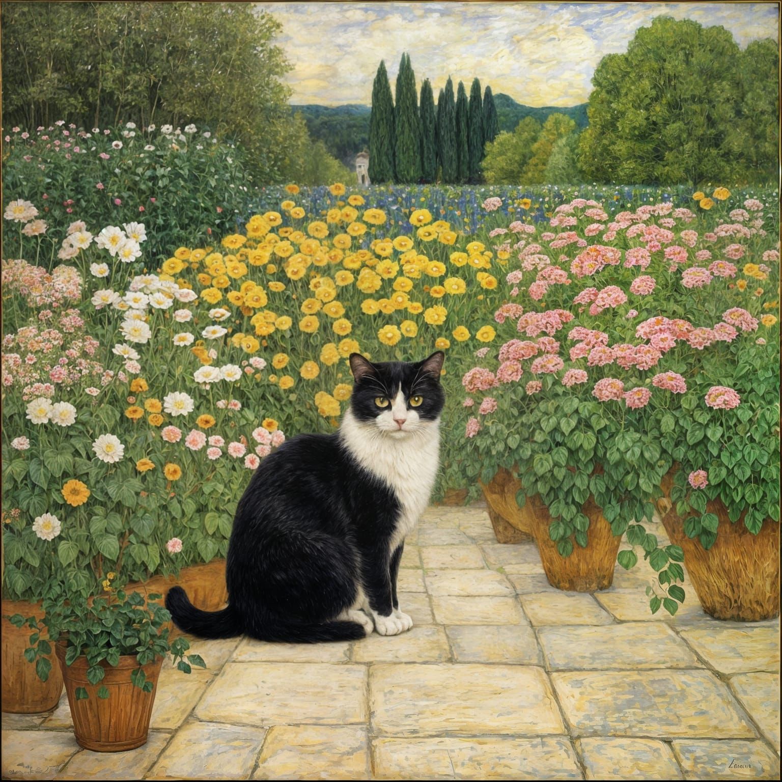 Symbolist Cat in Vibrant Floral Setting