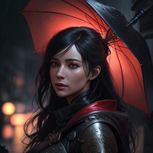 Woman in Red Umbrella During Thunderstorm, Photorealistic