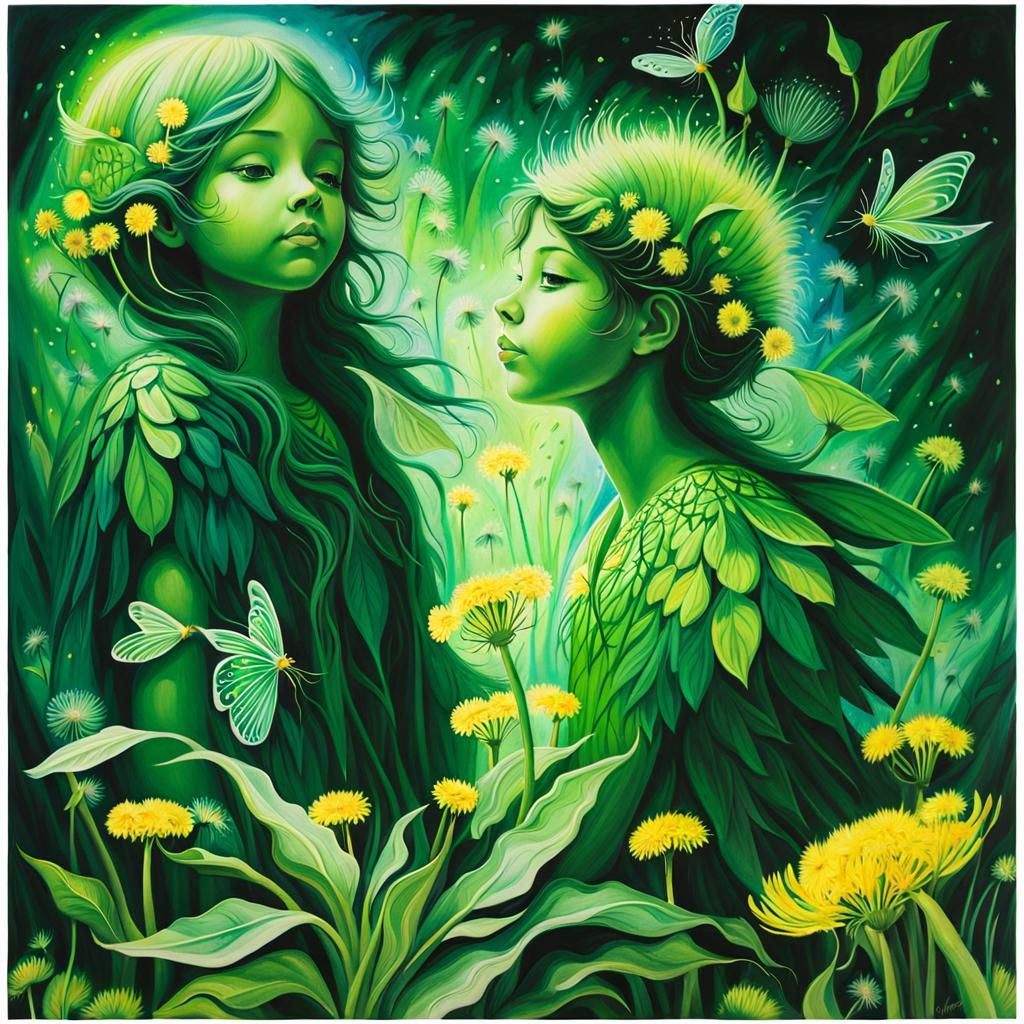 Fairies Under Dandelion Trees in Crayon Style