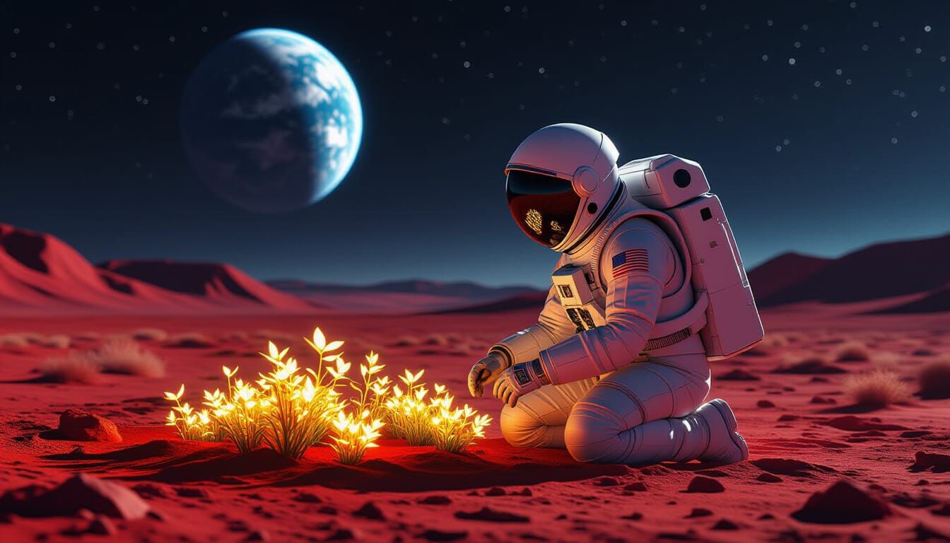 Astronaut Tends Glowing Garden on Alien Planet