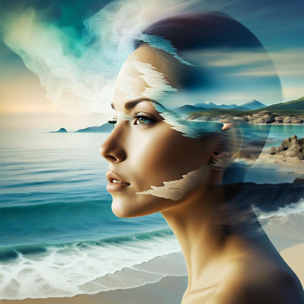 Fractal Elegance: Woman and Seascape in Double Exposure