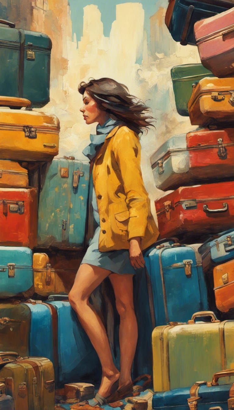 Woman Overwhelmed by Suitcases: Vintage Illustration