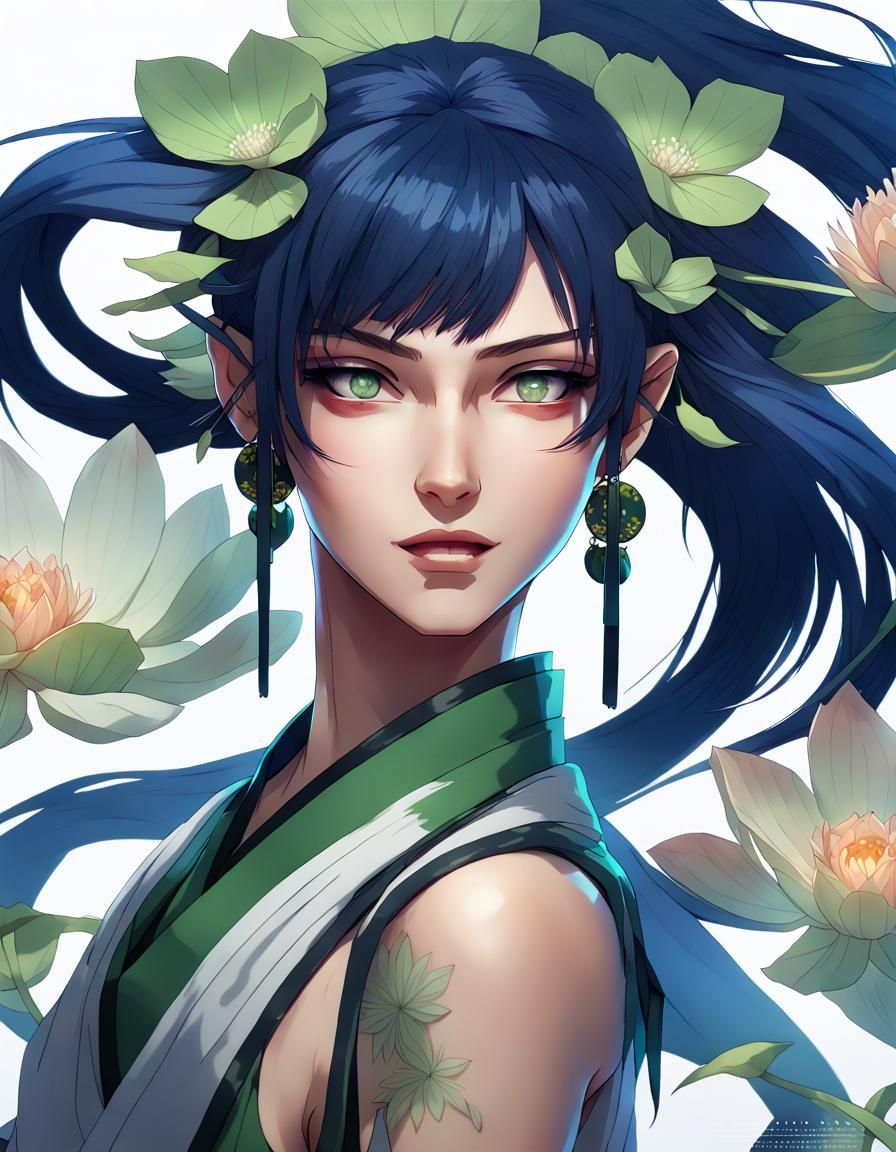 Anime Girl with Blue Hair and Lotus Flowers