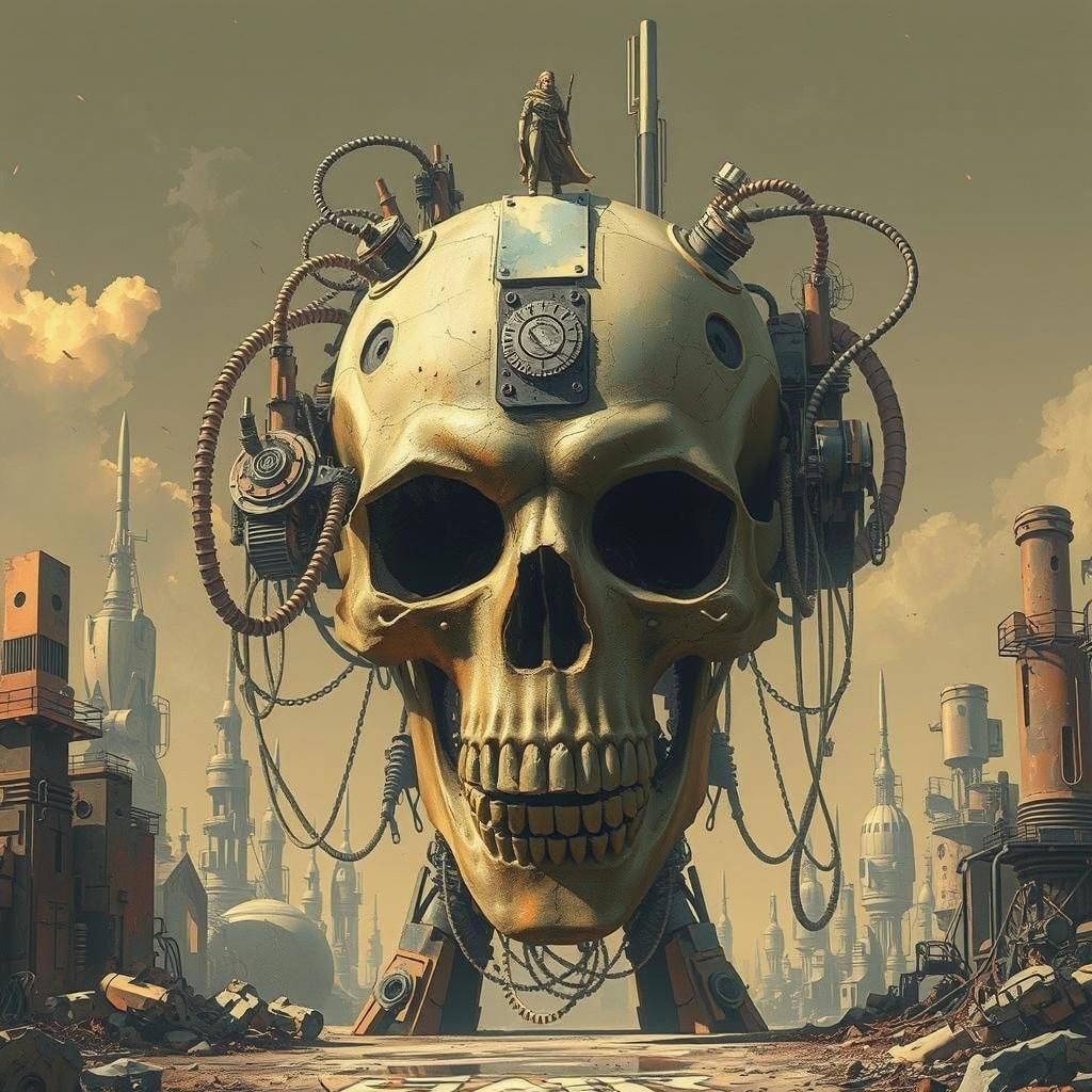 Mechanical Skull in Dystopian Landscape, Watercolor Engravin...
