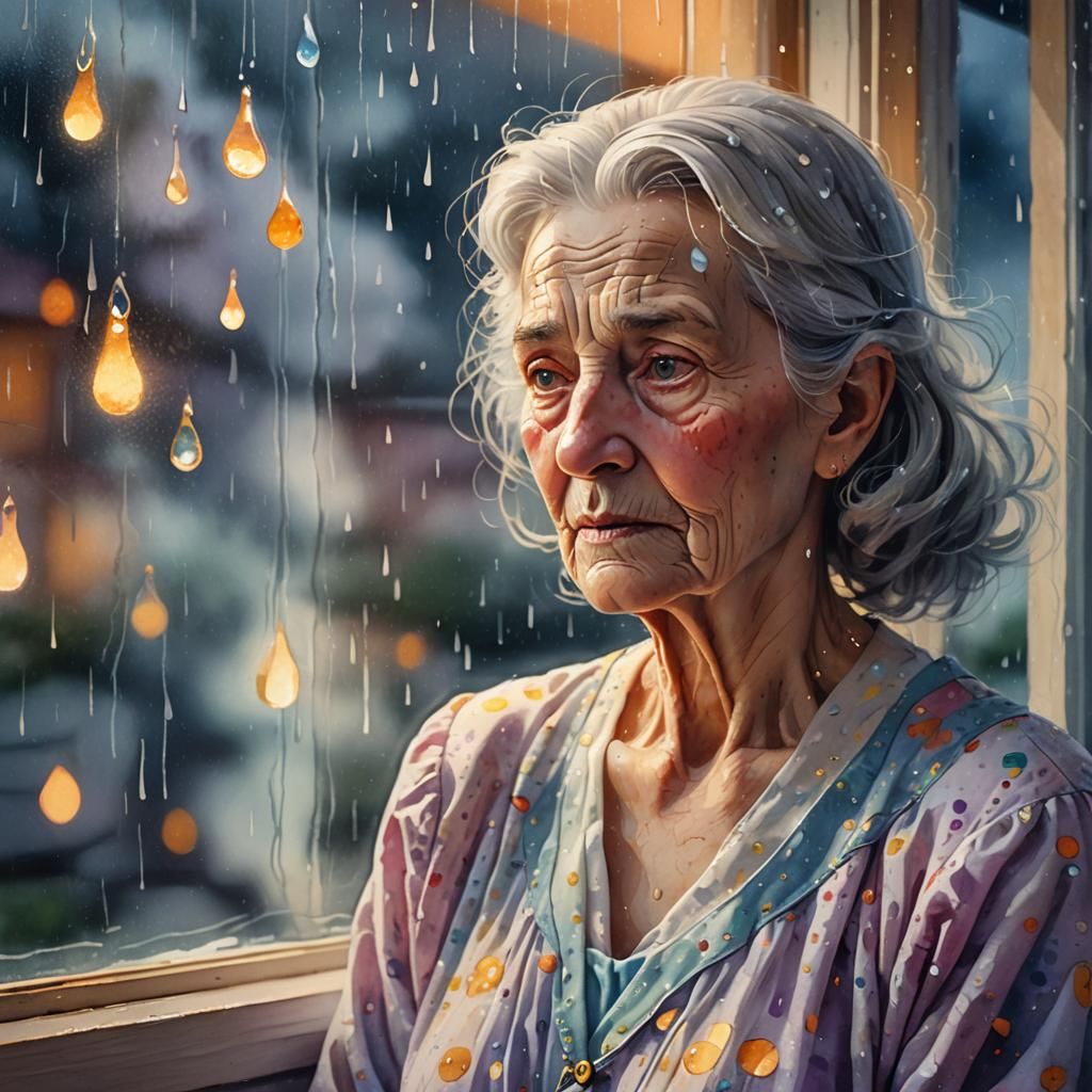 Dreamlike Grandmother Gazing at Rainy Window in Astral Art