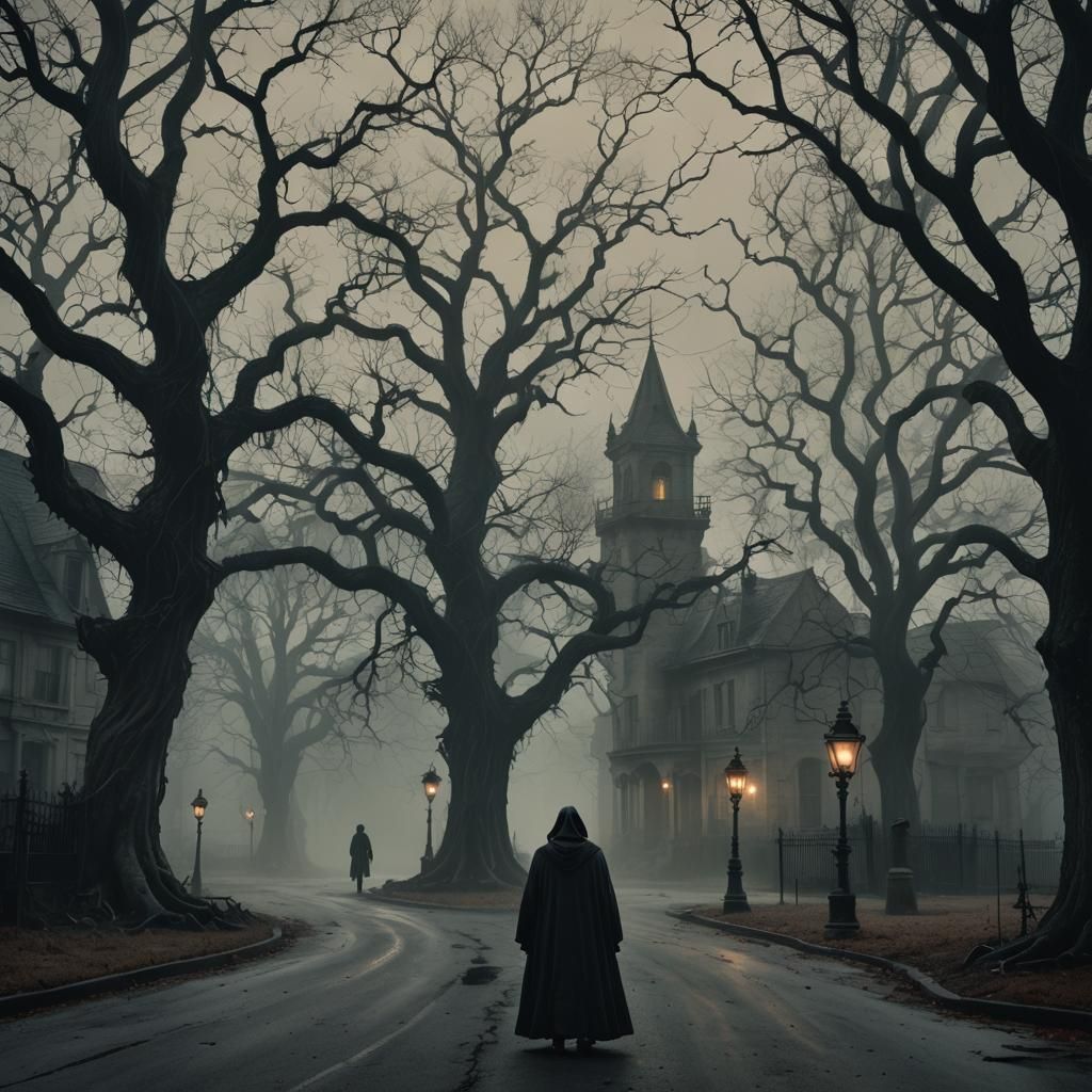 Dark Fantasy Figure in Mist-Shrouded Gothic Street