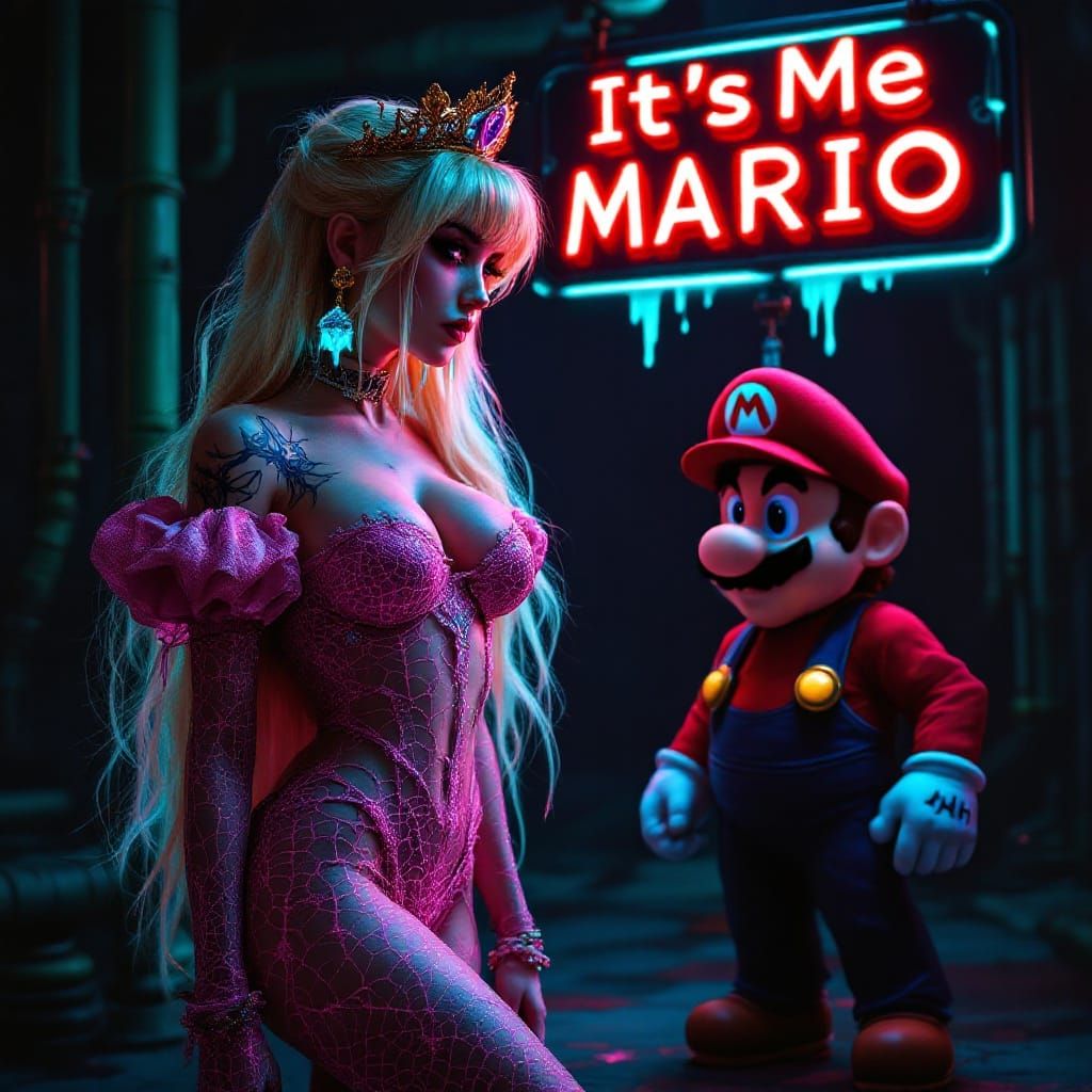 Goth Princess Peach and Mario in a Dark, Immersive Matte Gre...