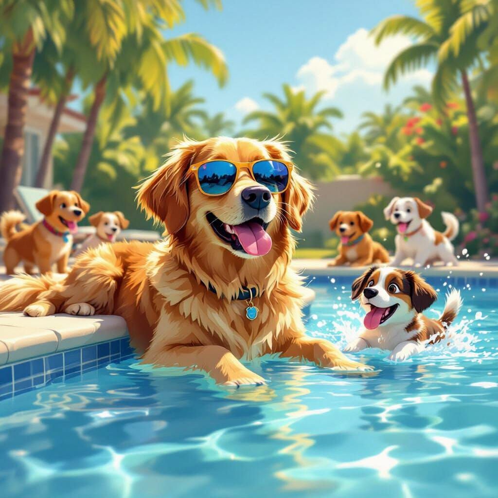 Dogs Enjoying Summer Day by Pool in Cartoon Style