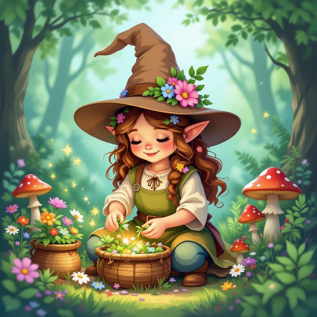 Halfling Druid Tending Magical Herbs, Digital Illustration