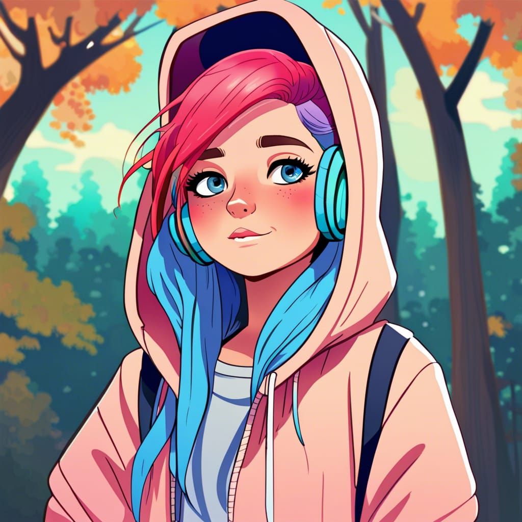 Teenage Girl with Headphones in Animated Style