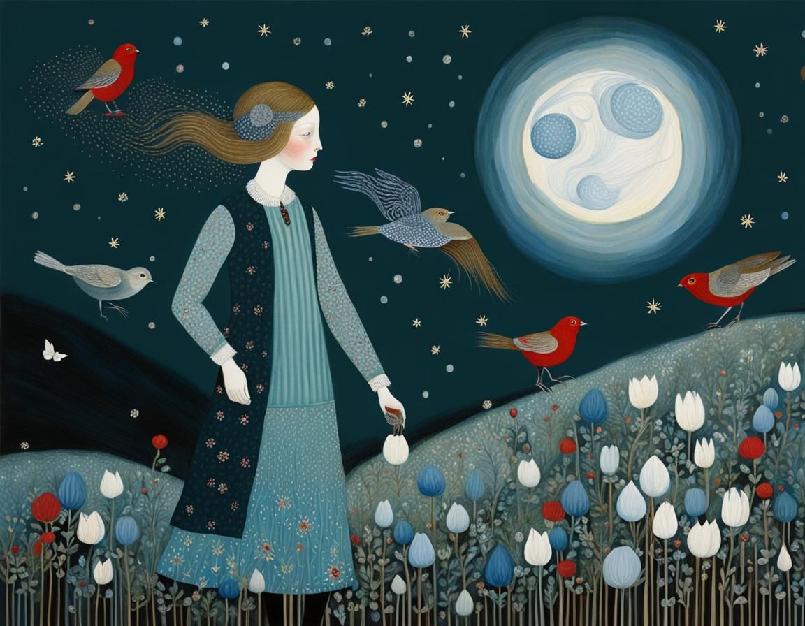 Abstract Floral Portrait in Folk Art Style