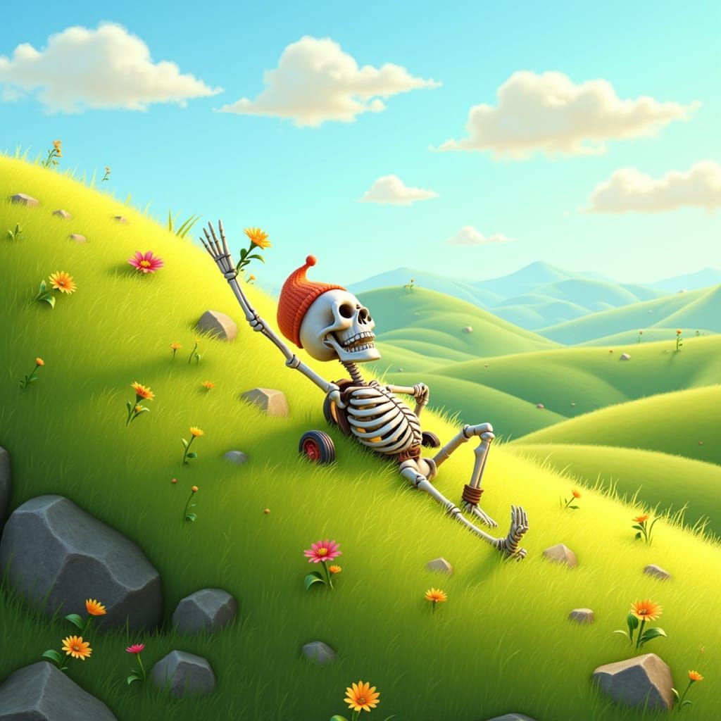 Little Skelly Rolls Down Mountain in Storybook Style