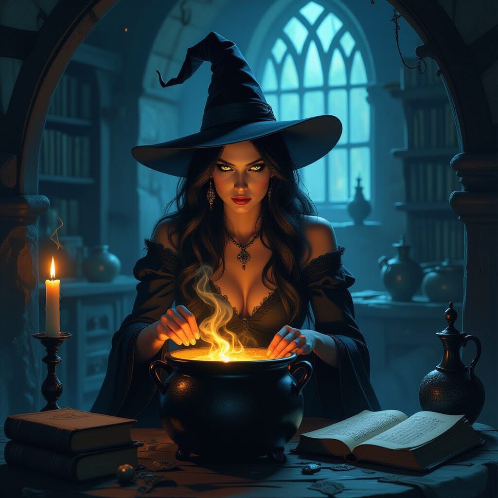 Art Nouveau Witch and Cat by Cauldron