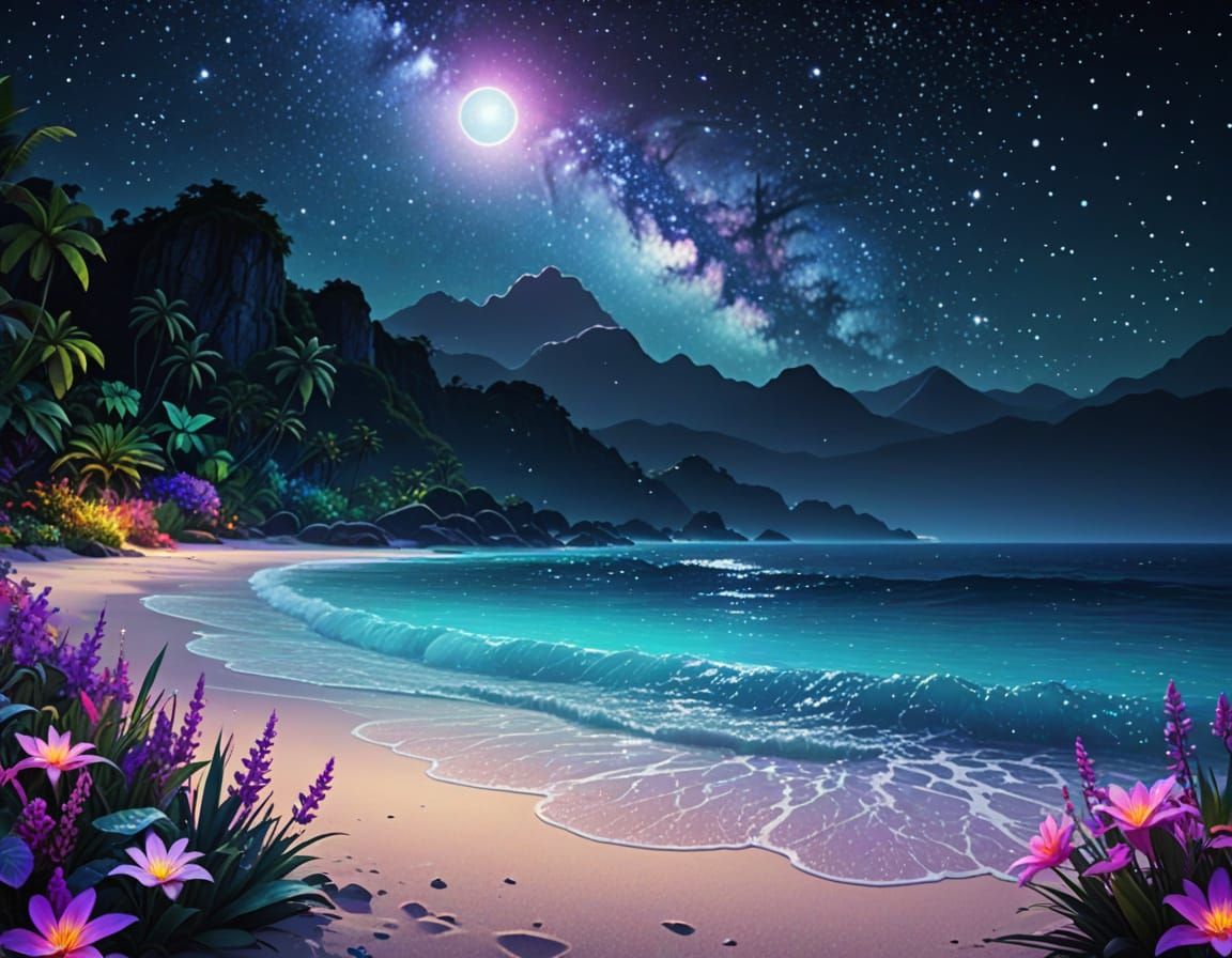 Enchanting Cosmic Oasis with Vibrant, Luminous Beach